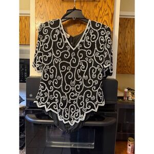 Lawrence Kazar Black Beaded Sequined Top Blouse V Neck Short Sleeve‎ Evening